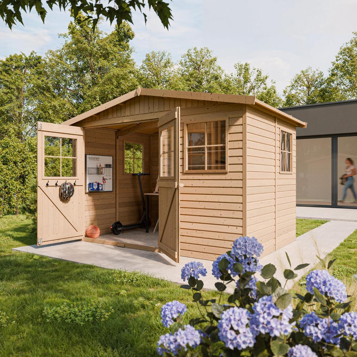 M334 GARTENHAUS HOLZ mit Fenstern - H226x324x216 cm/6 m² - Beige, Holz (324/226/199cm) - Timbela