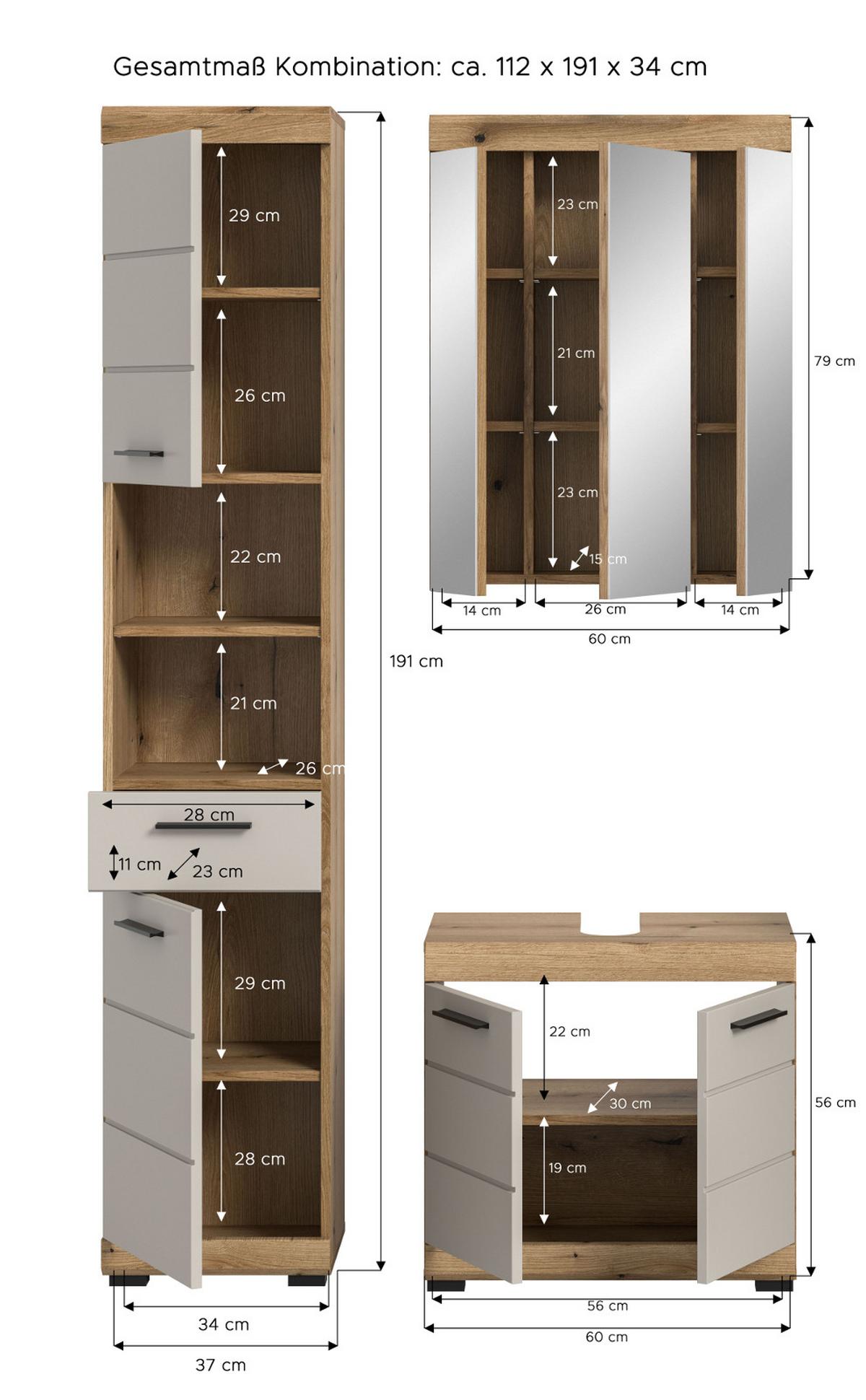 BADMÖBEL-SET Sand Kashmir, Evoke Eiche 3-teilig, Badkombination 112 cm - Kaschmir/Eichefarben, Glas/Holzwerkstoff (112/191/34cm) - Inn.Furn