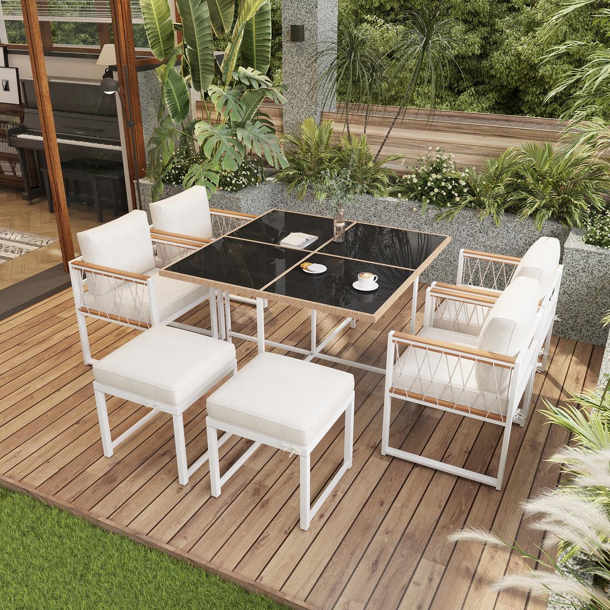 GARTENTISCH- UND STUHLSET Weiß 7tlg - Creme, Glas/Holzwerkstoff - Urban Meuble