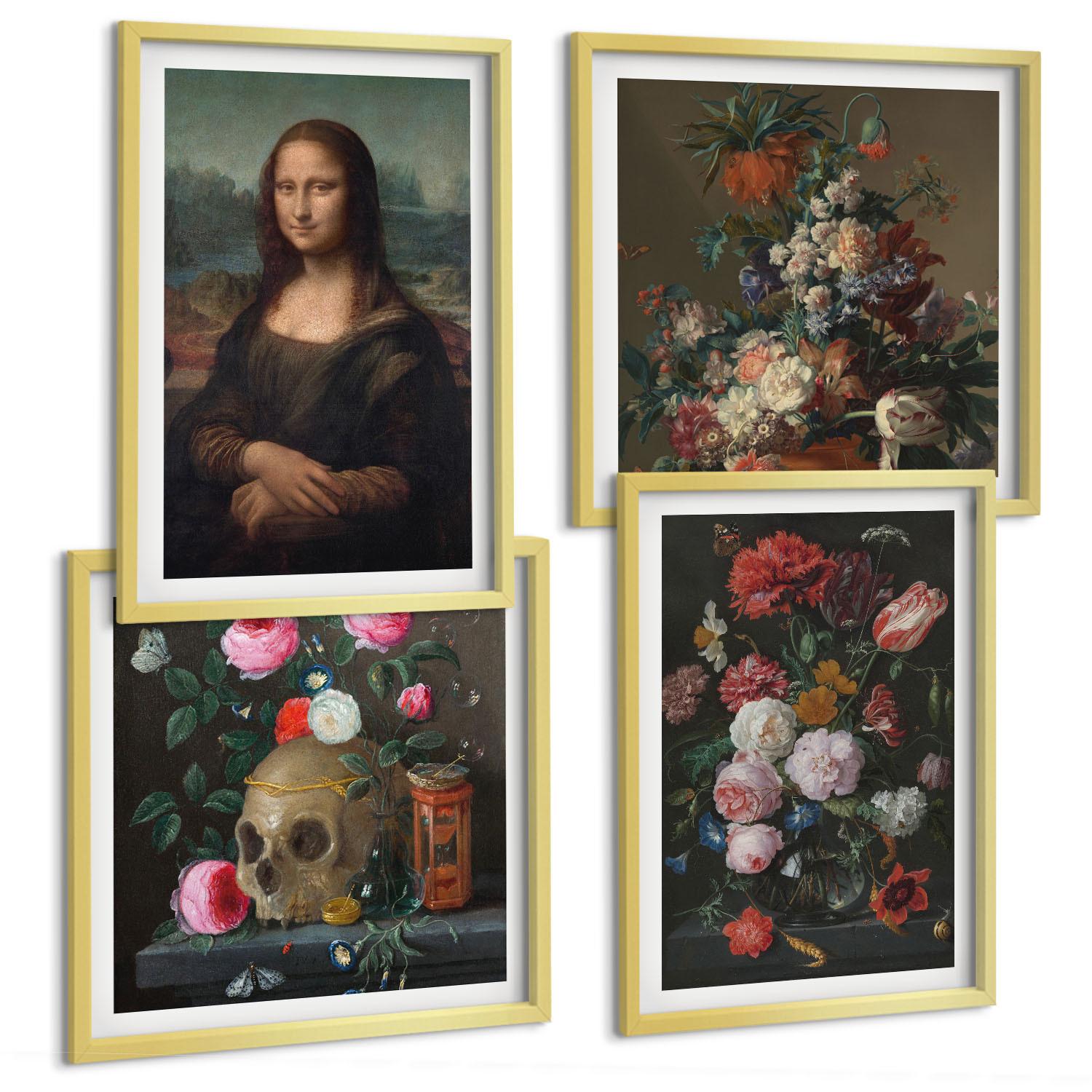BILDER SET 4er Set - 50x50 cm & 40x60 cm Goldrahmen - Vintage Blumen Totenkopf Mona Lisa - Goldfarben, Kunststoff (50/50cm) - TULUP