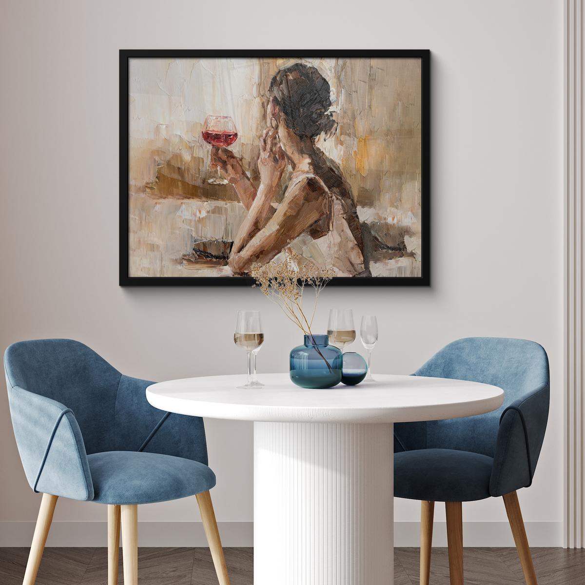 POSTER MIT RAHMENGERAHMTES BILD Ölgemälde - Frau - Wein 80x60 cm - Hellbraun, Papier (80/60cm) - MuchoWow
