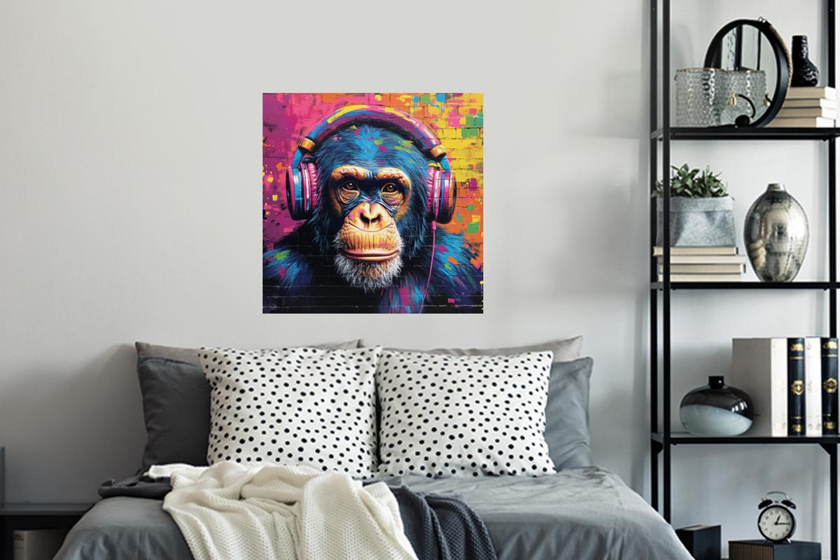 WANDTATTOO Graffiti - Schimpanse - Straßenkunst - Kopfhörer - Affe Wanddeko 50x50 cm - Blau, Kunststoff (50/50/0.1cm) - MuchoWow