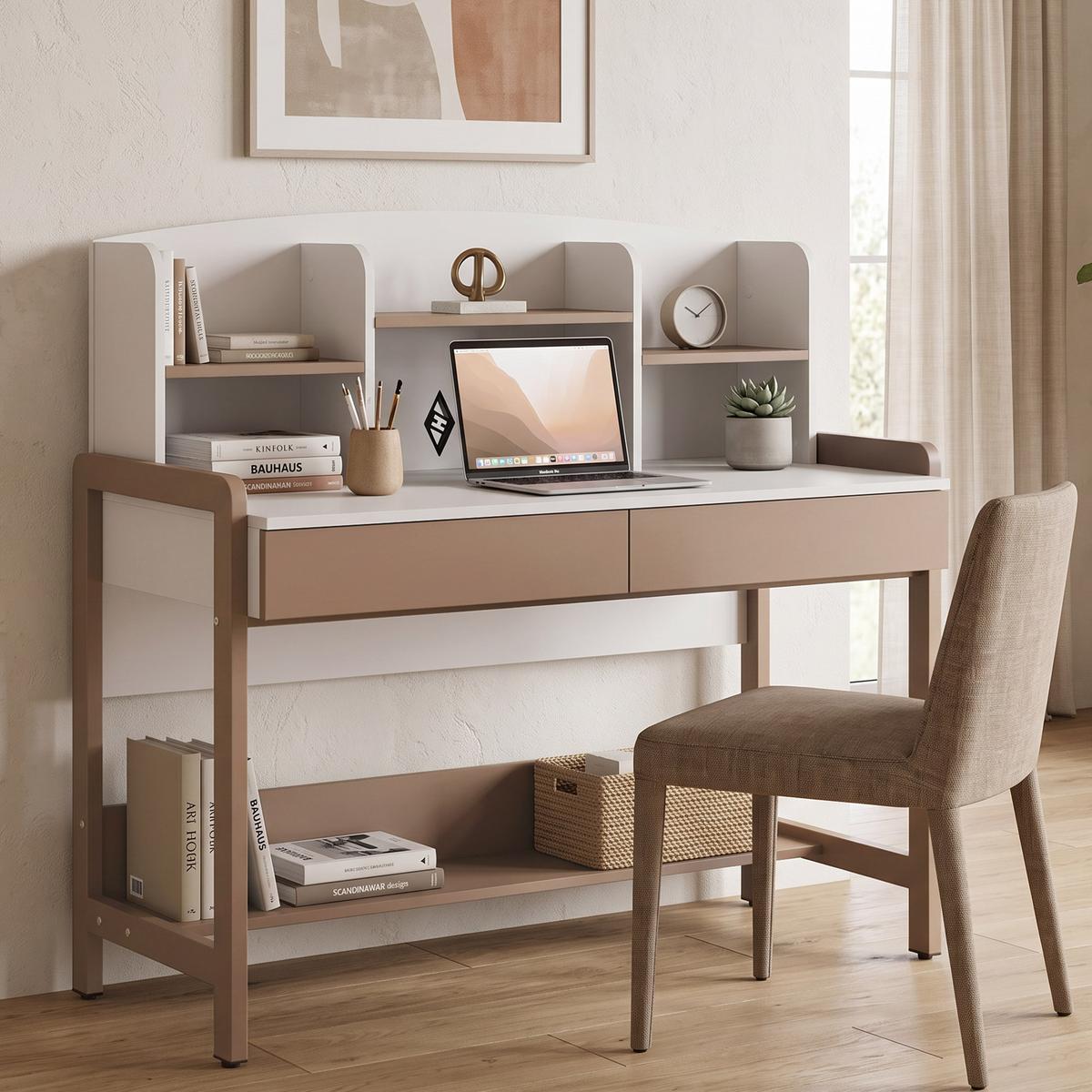 SCHREIBTISCH Boreo mit 2 Schubladen und Aufsatz mit 3 Regalboden, 120 cm, Kaschmir+Hellbraun - Kaschmir/Hellbraun, Holzwerkstoff/Metall (55/120/114cm) - Beautysofa