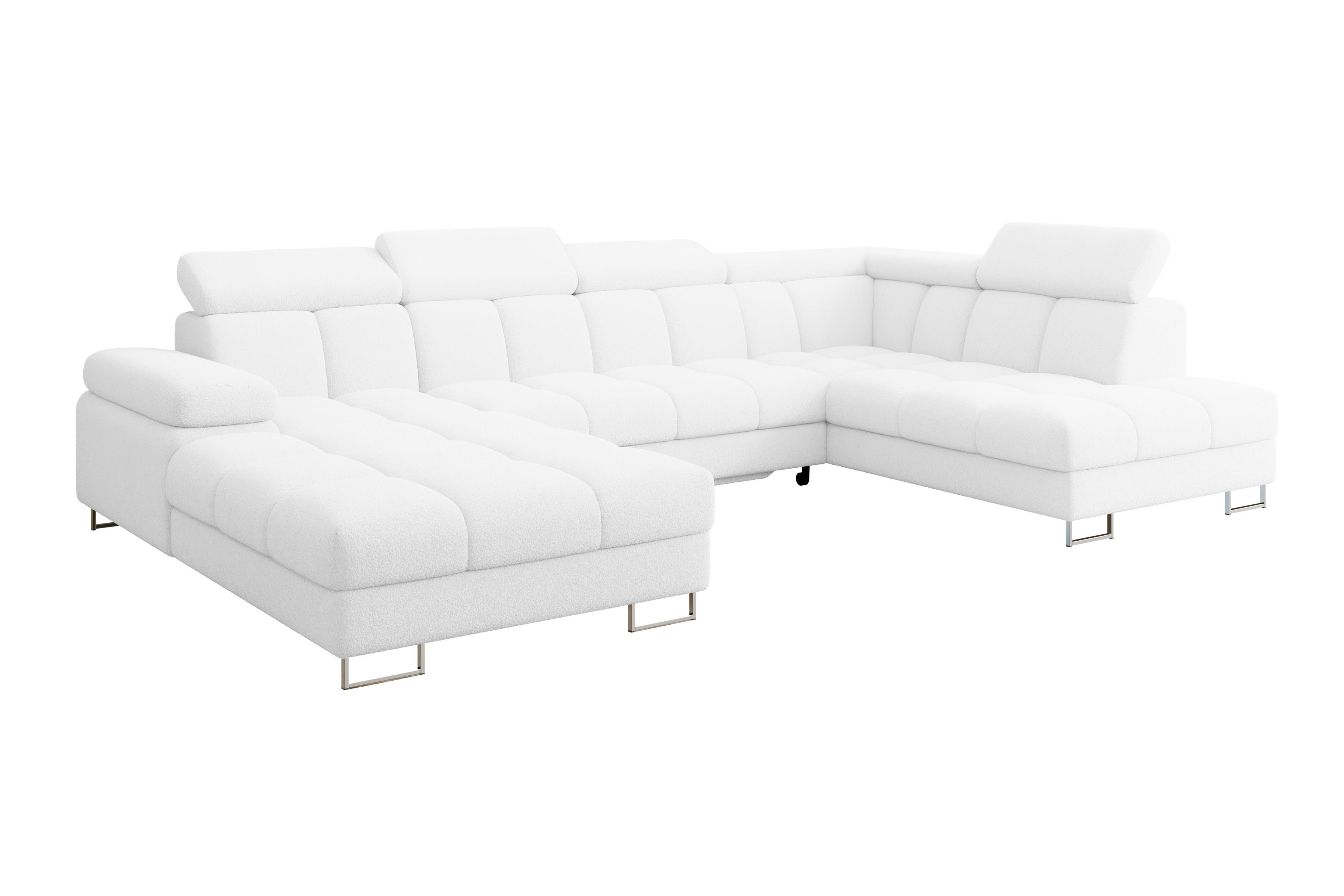 WOHNLANDSCHAFT mit Schlaffunktion und Bettkasten Ottomane RECHTS COMA U 345x203x79 Weiß Bouclé - Weiß, Holzwerkstoff/Textil (203/79/345cm) - ALTDECOR