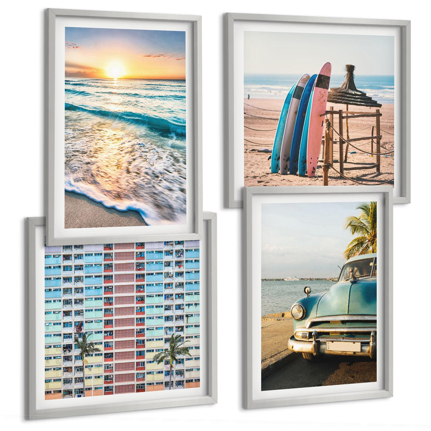 BILDER SET 4er Set - 50x50 cm & 40x60 cm Silberner Rahmen - Sonnenuntergang in Miami - Silberfarben, Kunststoff (50/50cm) - TULUP