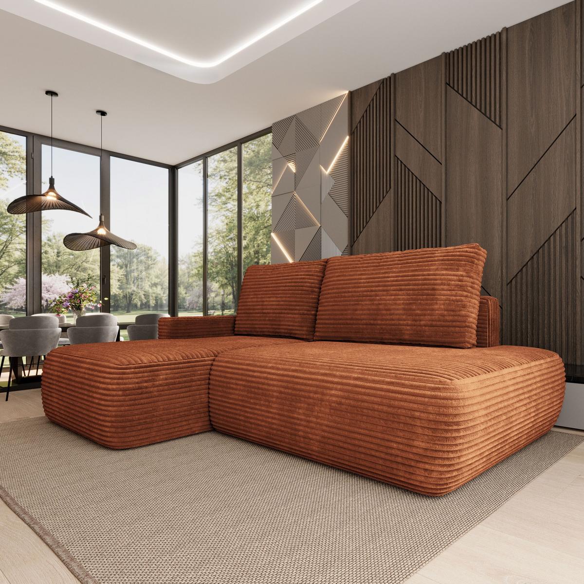 ECKSOFA AVINI T L-S Braun Kordstoff mit Schlaffunktion - Braun, Holzwerkstoff/Textil (277/160cm) - MASSENO