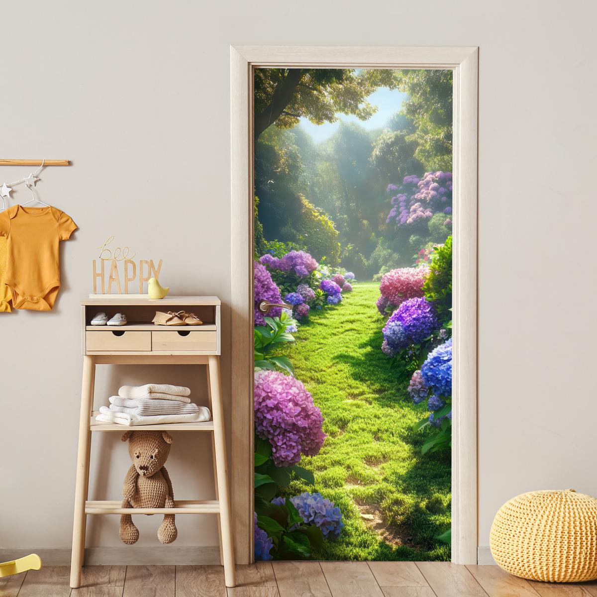TÜRAUFKLEBER Natur - Hortensie - Blumen - Grün Fototapete selbstklebend 80x205 cm - Türtapete - Hellgrün, Kunststoff (80/0.1cm) - MuchoWow