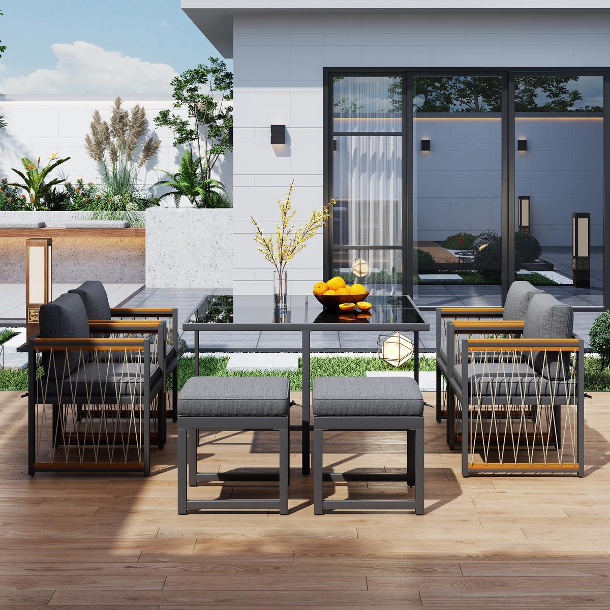 GARTENMÖBEL-SETS mit Sitzkissen 7-teilig - Grau, Glas/Metall - Urban Meuble