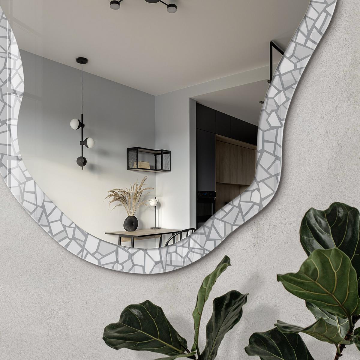 SPIEGEL 90x45 cm asymmetrisch mit Druck - Graues Mosaik - Transparent, Glas (45/90/0.4cm) - TULUP