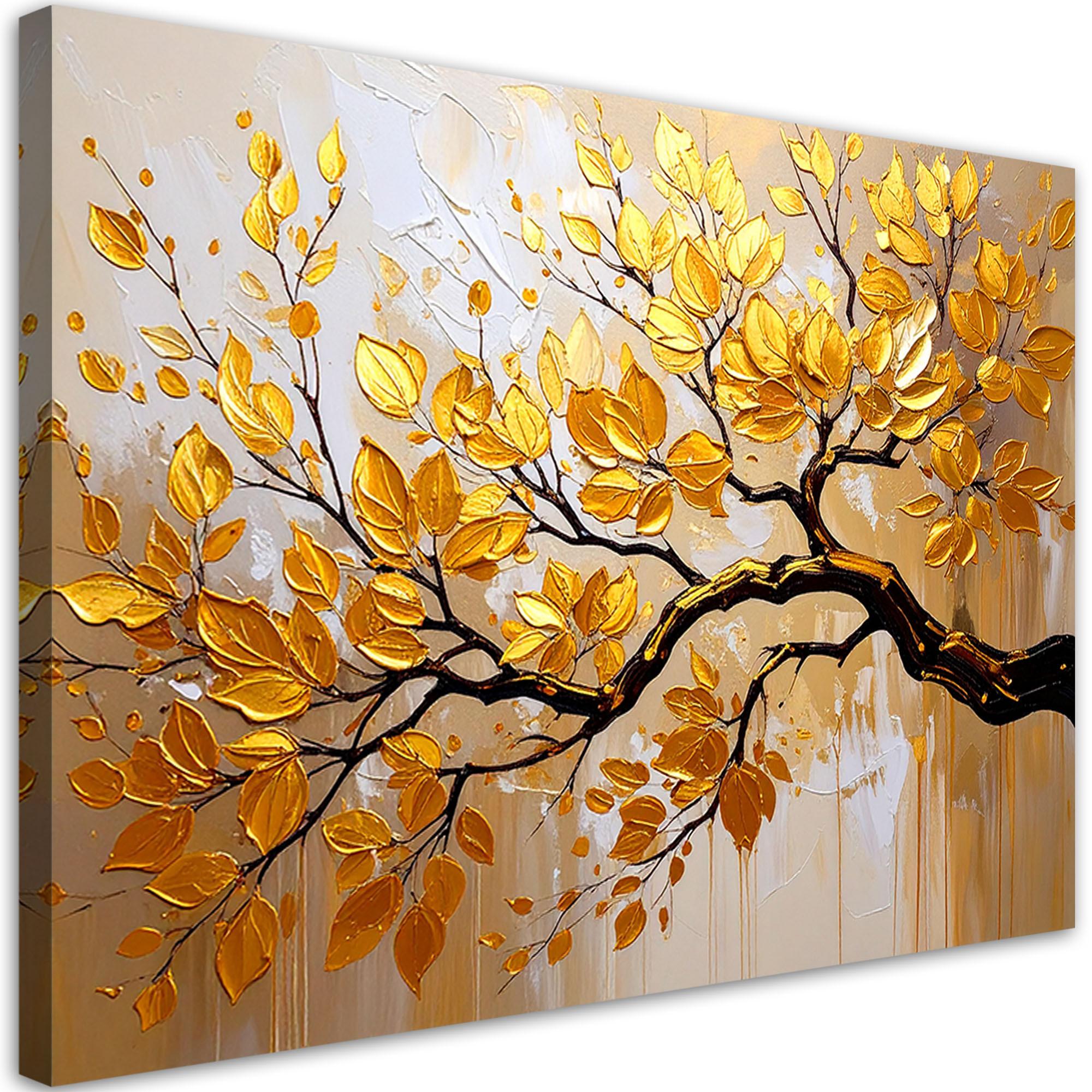 LEINWANDBILD Goldene Blätter auf einem Ast 60x40cm - Goldfarben, Textil (60/40cm) - Feeby