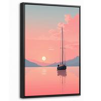 LEINWAND Bilder mit Rahmen - Segelboot - Rosa Meer - Sonnenuntergang - Berge - 20x30 - Rosa, Textil (20/30cm) - MuchoWow