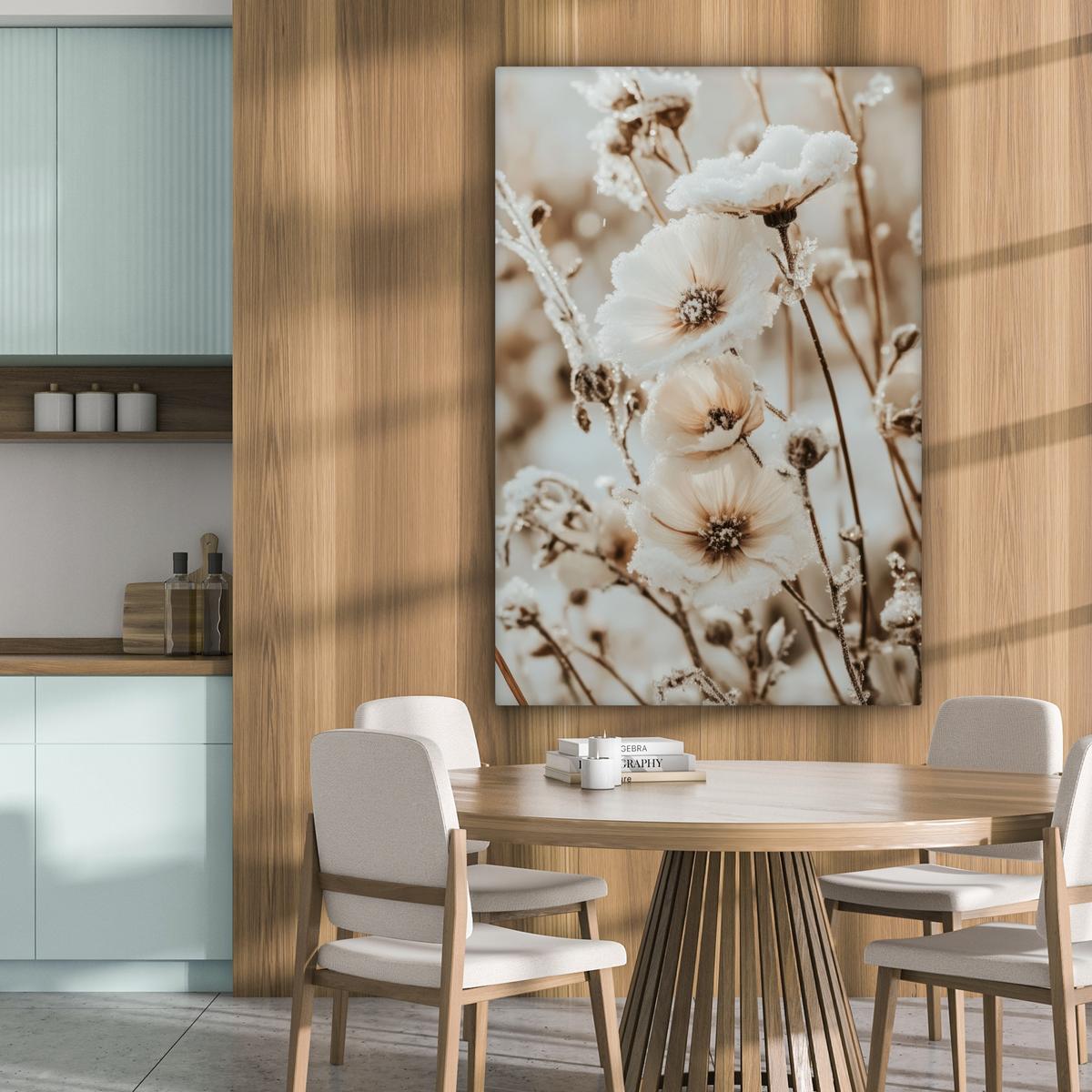 LEINWANDBILD Blumen - Winter - Weiß - Schnee - Beige Deko XXL 80x120 cm - Creme, Textil (80/120cm) - MuchoWow