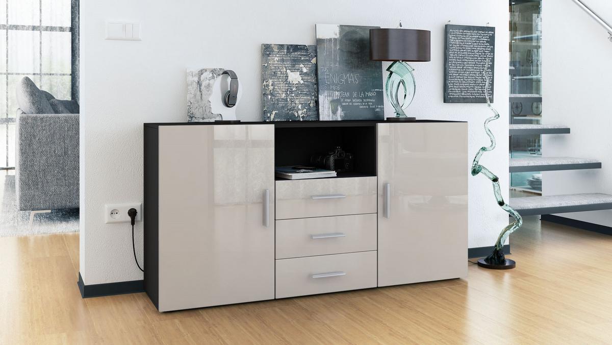 SIDEBOARD Skadu Front in Sandgrau Hochglanz - Sandfarben, Holzwerkstoff (138.5/71.5/35cm) - Vladon