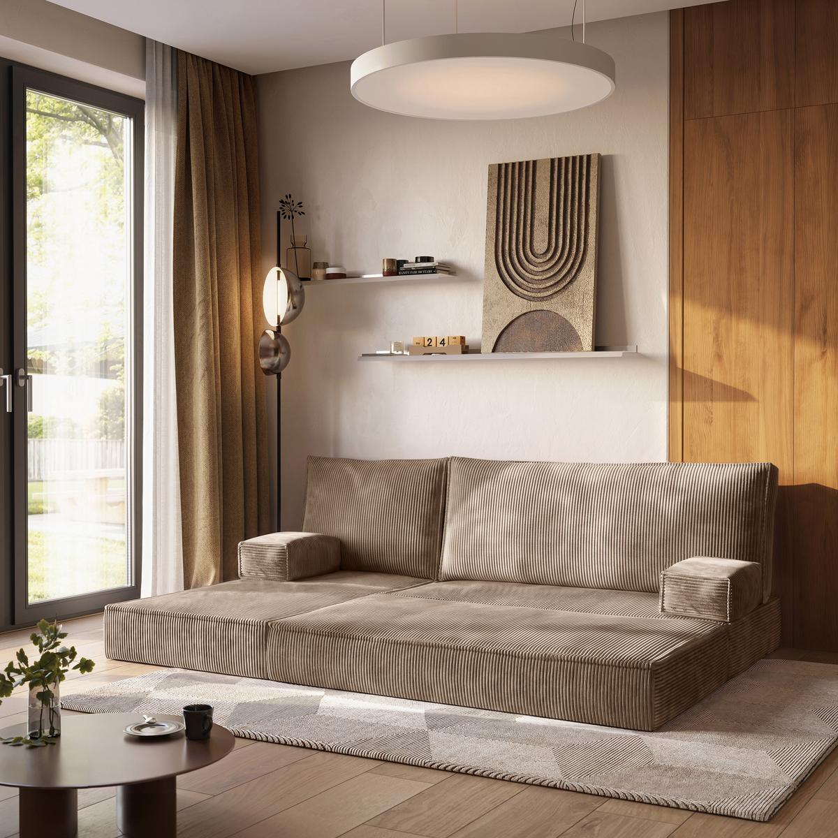 ECKSOFA NOTIA modulares Boneless Sofa mit Schlaffunktion Beige Kordstoff - Beige, Textil (200/120cm) - MASSENO