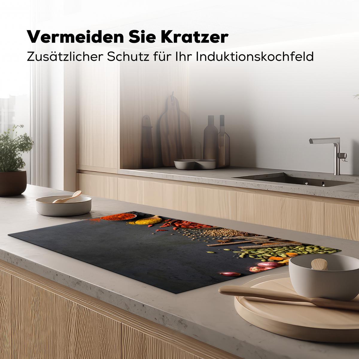 HERDABDECKPLATTE Kräuter - Lebensmittel - Gewürze - Schwarz - Paprika - Zimt Induktionsschutz 89.6x51.6 cm - Currygelb, Kunststoff (89.6/51.6/0.2cm) - MuchoWow