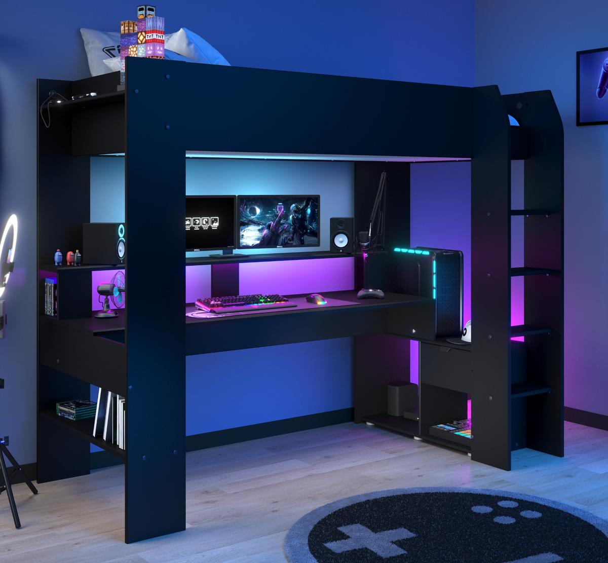 JUGENDZIMMER Gaming Set mit Schreibtisch und Schrank inkl. LED - Schwarz, Glas/Holzwerkstoff (220/180/62cm) - Parisot Meuble