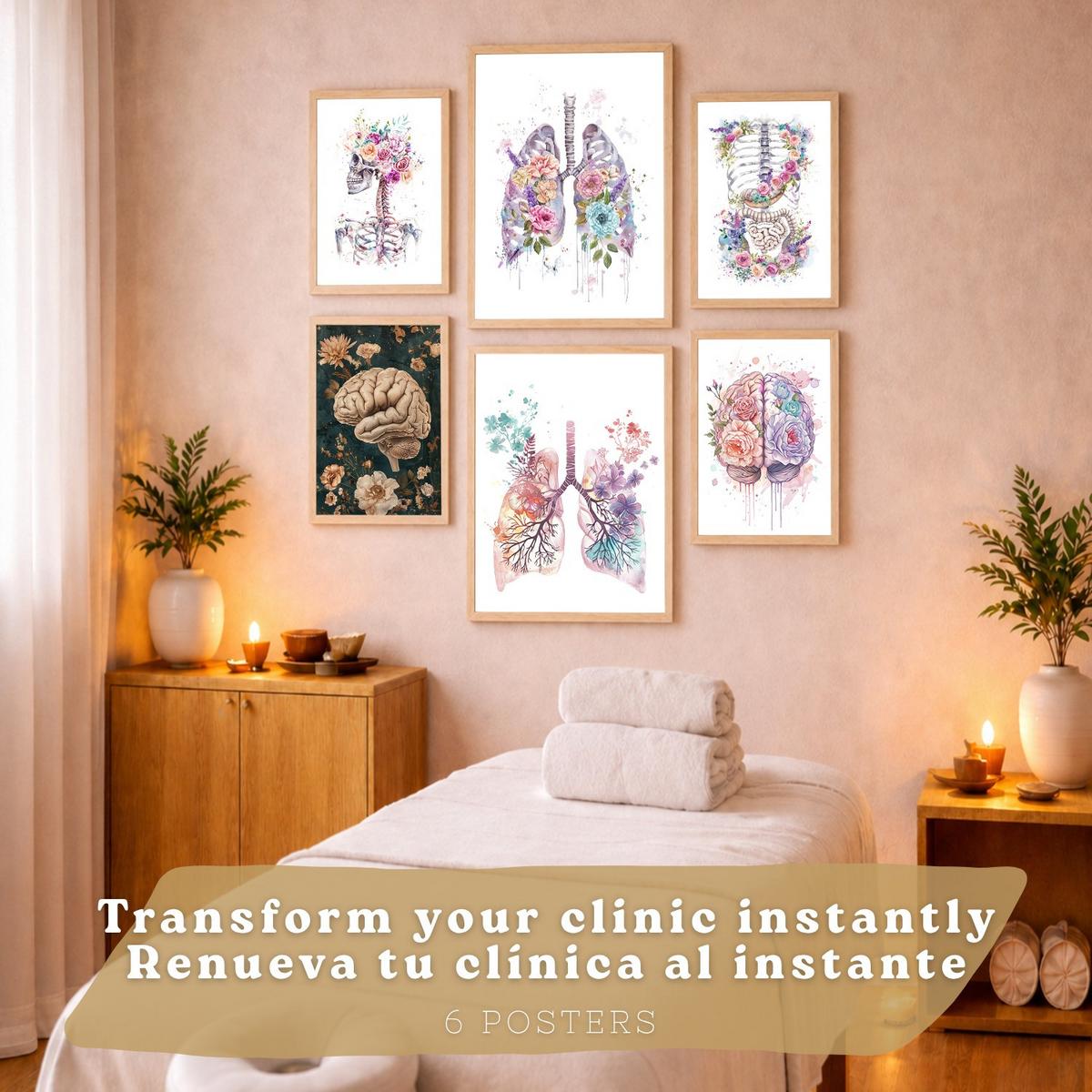 POSTER Set aus 6 Anatomie Mensch Florale Aquarell Drucke und mit Gehirn Lungen Skelett Nieren und Organen Botanische Größe Leichter Holzrahmen A3 & A4 - Beige, Papier (29.7/42/3cm) - Nacnic