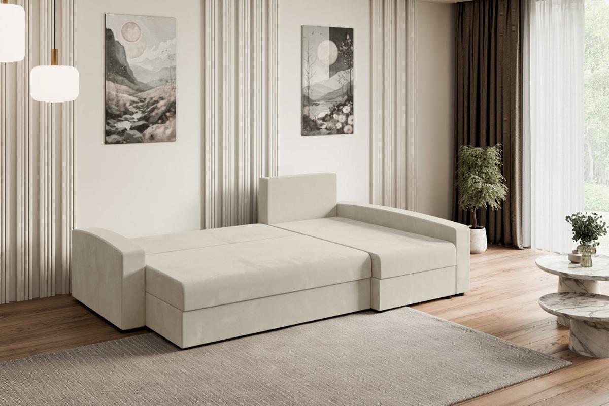 ECKSOFA mit Schlaffunktion und Bettkasten ALESIA-L 231x140x90 cm Beige Velours - Beige/Silberfarben, Holzwerkstoff/Kunststoff (231/140cm) - ALTDECOR