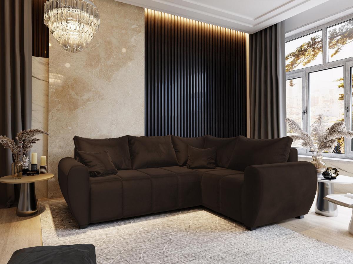 ECKSOFA MADISON L R-S Braun Plüsch-Stoff mit Schlaffunktion - Schwarz/Braun, Holz/Kunststoff (235/175cm) - MASSENO