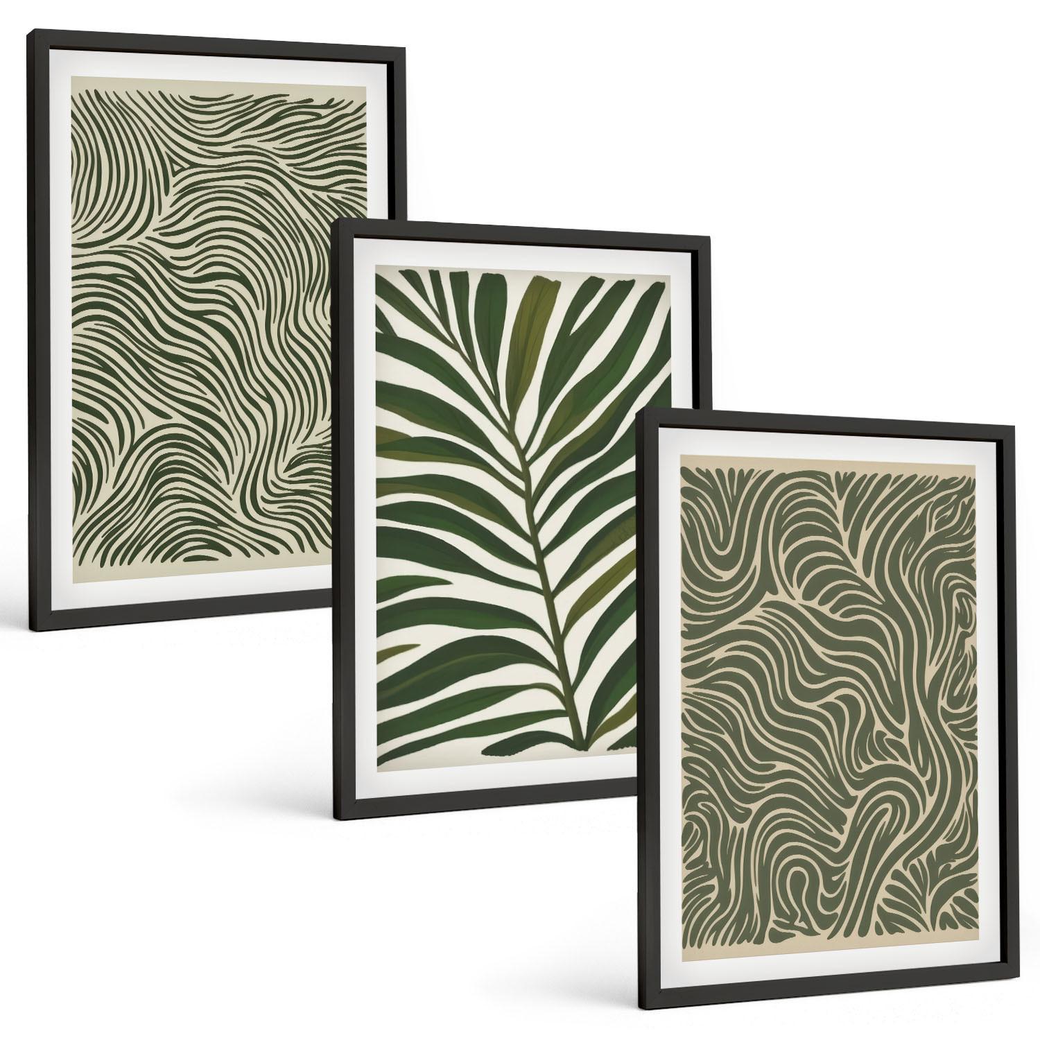 BILDER SET 3er Set - 40x60 cm Schwarzer Rahmen - Blattmuster wellenförmige Formen - Schwarz, Kunststoff (40/60cm) - TULUP