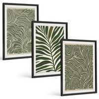 BILDER SET 3er Set - 40x60 cm Schwarzer Rahmen - Blattmuster wellenförmige Formen - Schwarz, Kunststoff (40/60cm) - TULUP