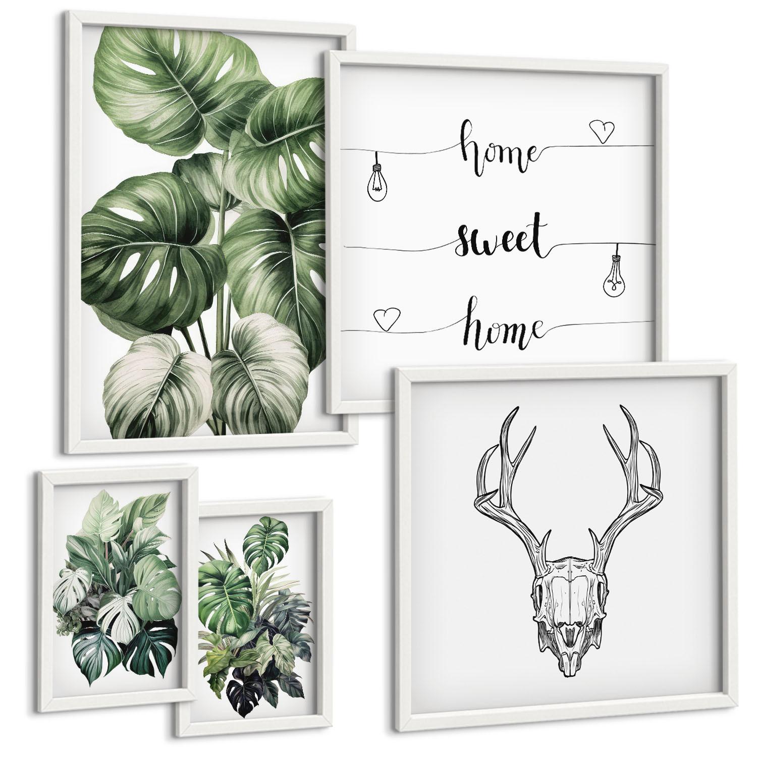 BILDER SET 5er Set - 50x50 cm & 20x30 cm & 40x60 cm Weißer Rahmen - Ausblicke auf Berge, Flüsse und Wasserfälle - Weiß, Kunststoff (40/60cm) - TULUP