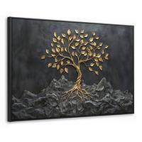 LEINWAND Bilder mit Rahmen - Blätter - Gold - Baum - Fels - 120x80 - Schwarz, Textil (120/80cm) - MuchoWow