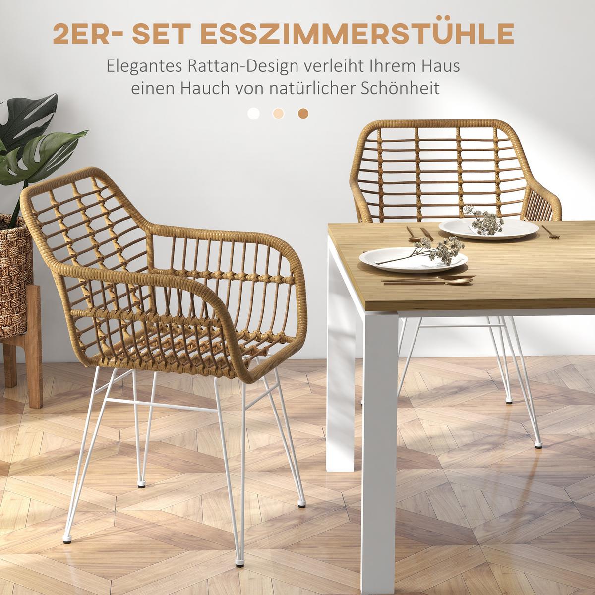 ESSZIMMERSTÜHLE 2er Set Essstuhl mit Rückenlehne Küchenstühle mit Rattenoptik - Hellbraun, Kunststoff (60/79/56cm) - HOMCOM