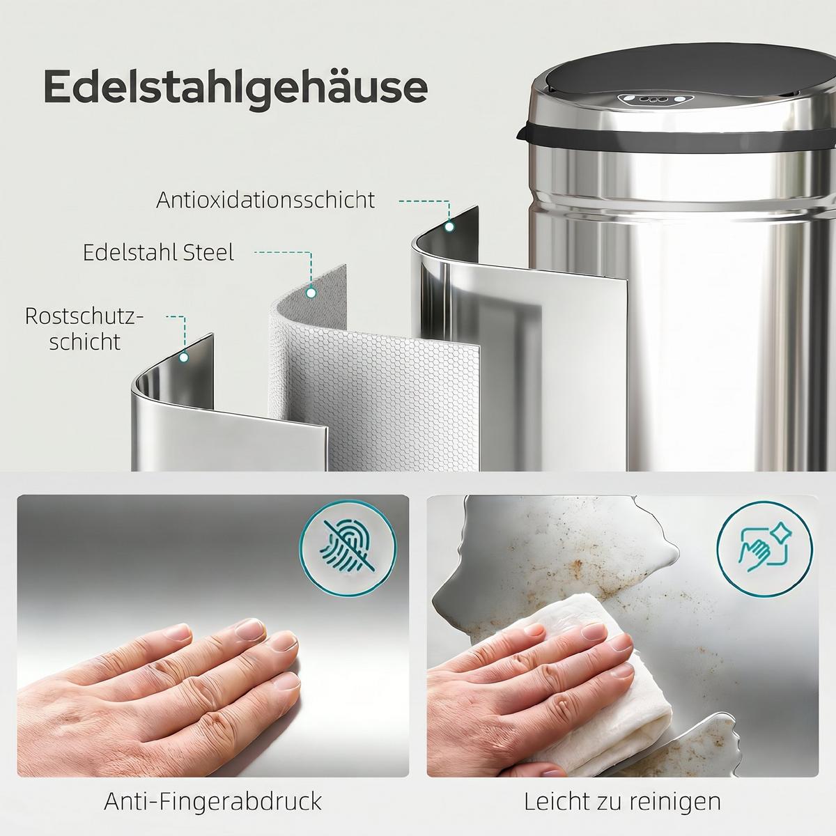 SENSOR-MÜLLEIMER Edelstahl ABS Schwarz - Schwarz, Metall (30.5/81.5/30.5cm) - HOMCOM