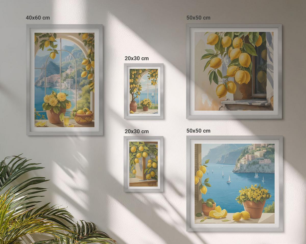 BILDER SET 5er Set - 50x50 cm & 20x30 cm & 40x60 cm Silberner Rahmen - Meerblick, italienische Zitronen - Silberfarben, Kunststoff (40/60cm) - TULUP