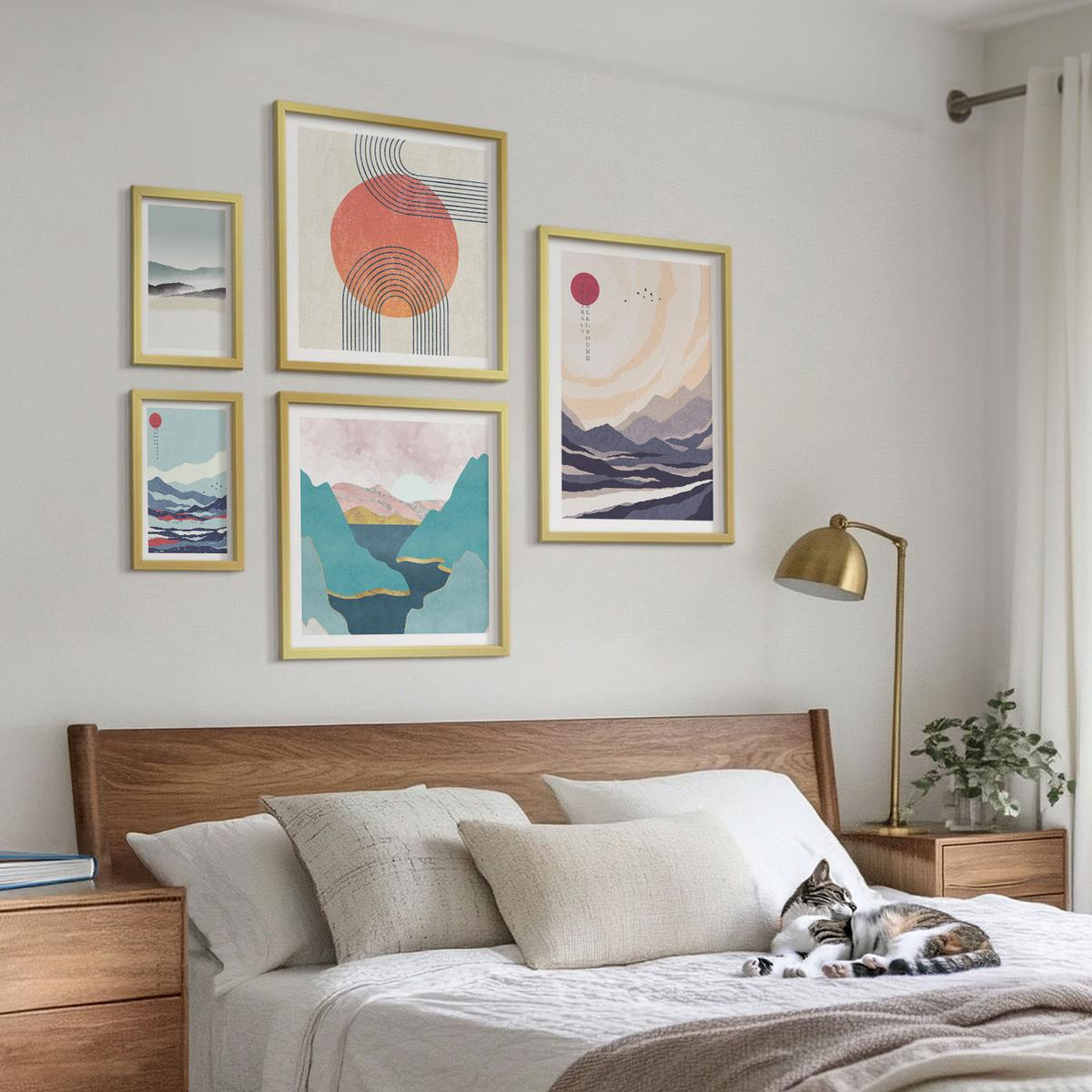 BILDER SET 5er Set - 50x50 cm & 20x30 cm & 40x60 cm Goldrahmen - Farbenfrohe Muster der Japandi-Flussberge - Goldfarben, Kunststoff (40/60cm) - TULUP