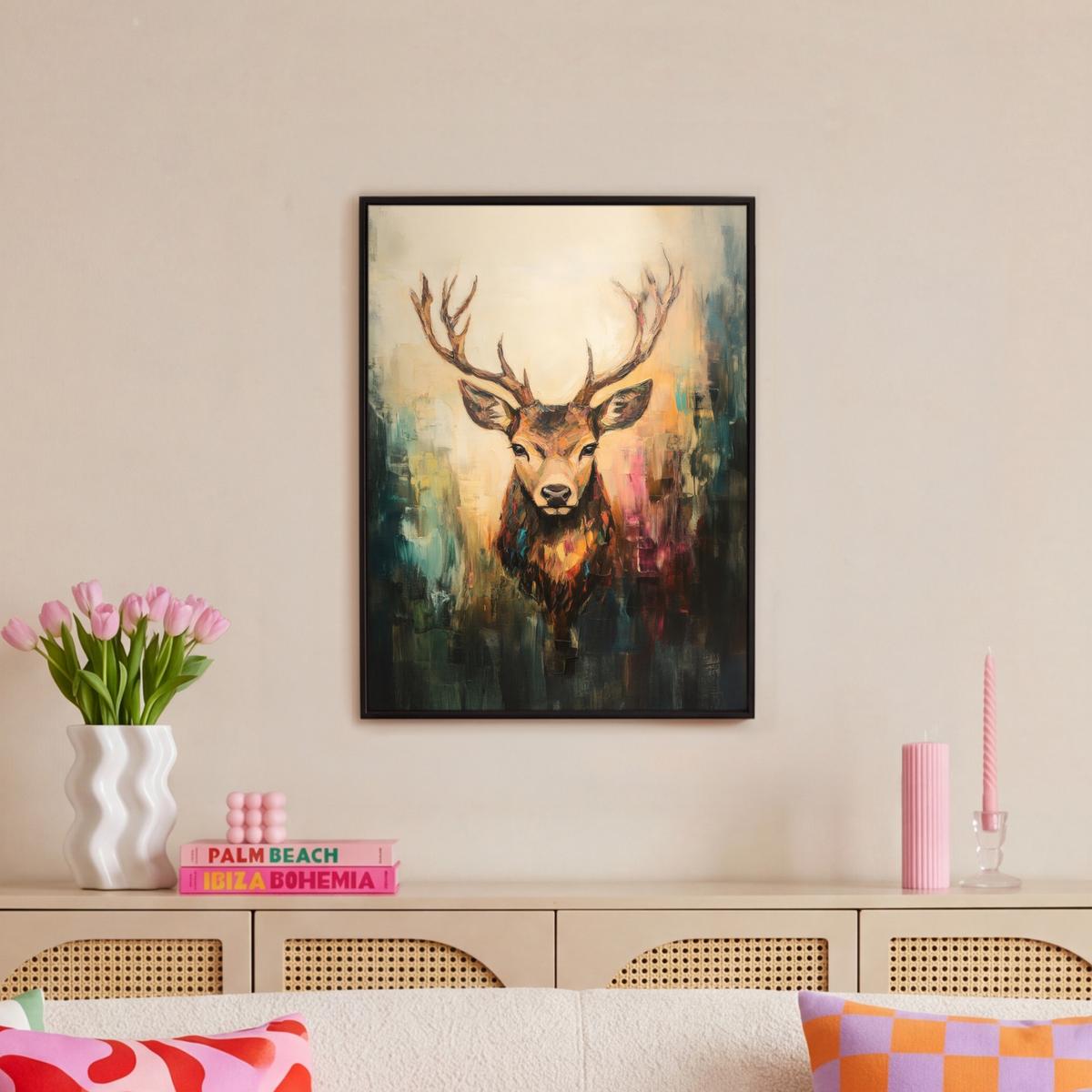 LEINWAND Bilder mit Rahmen - Hirsch - Gemalt - Geweih - Braun - 50x70 - Haselnussfarben, Textil (50/70cm) - MuchoWow