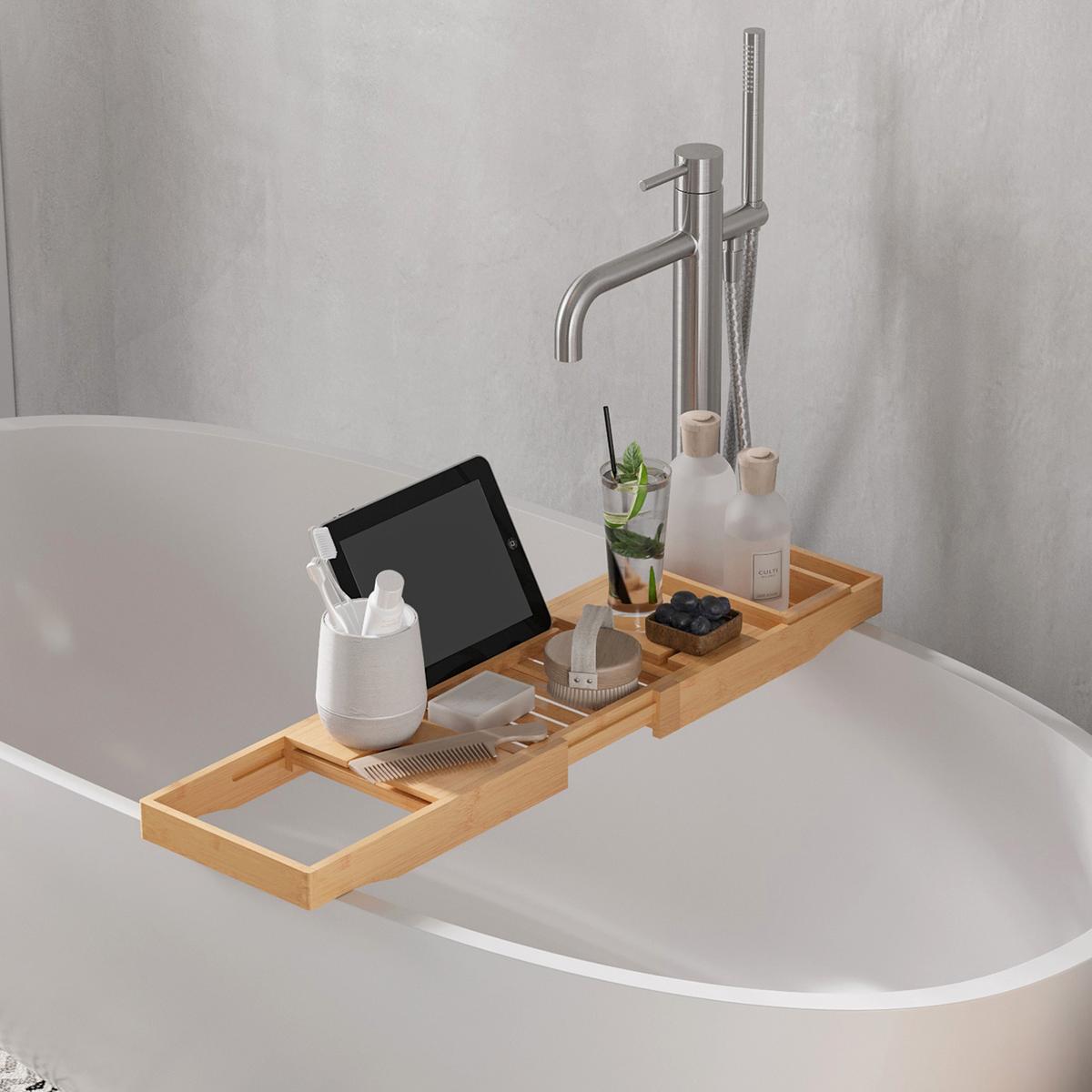 BADEWANNENABLAGE Badewannenbrücke Wannenauflage Tablett Bambus Sekthalter - Naturfarben, Holz (218/5/105cm) - HOMCOM