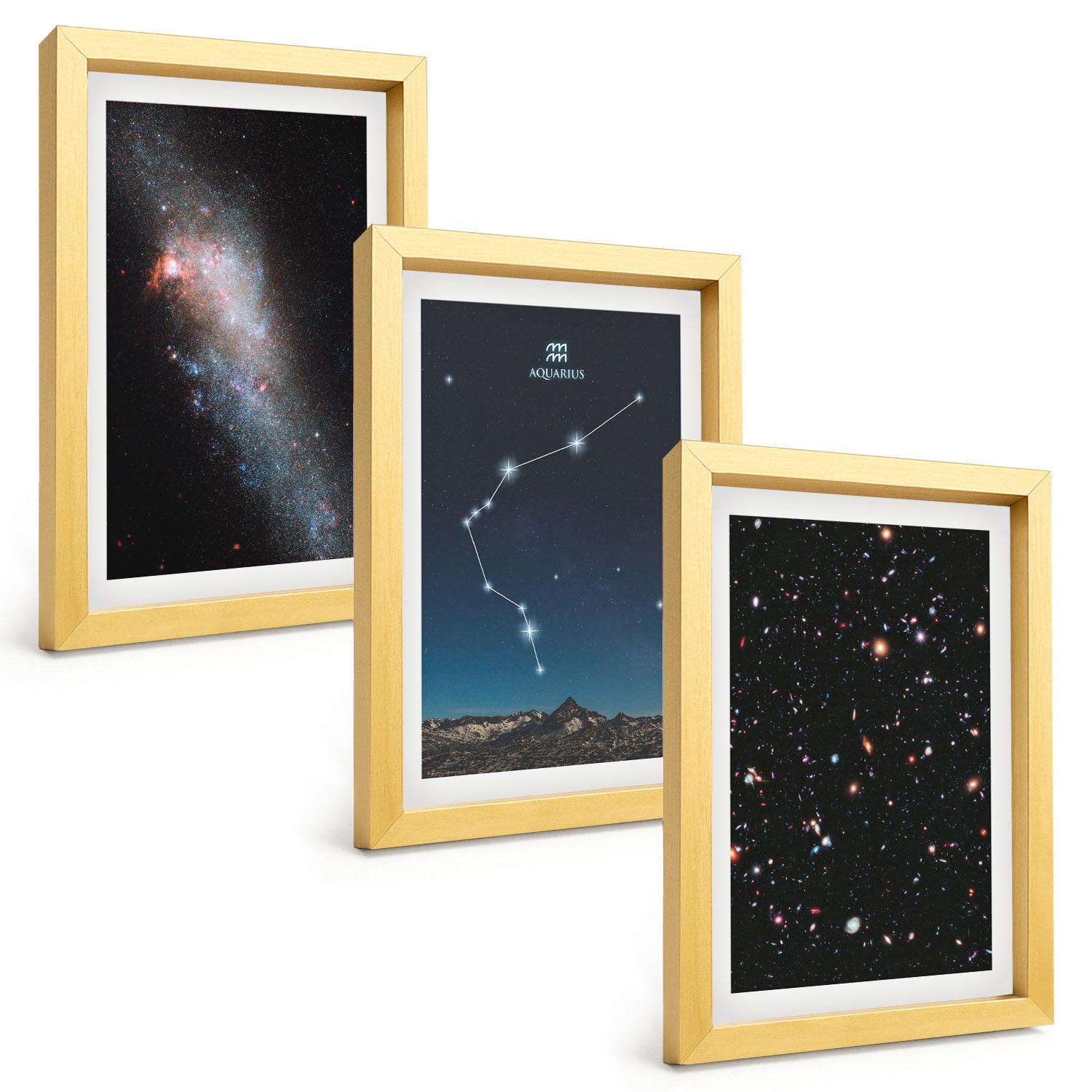 BILDER SET 3er Set - 20x30 cm Goldrahmen - Galaxienraum Wassermann - Goldfarben, Kunststoff (20/30cm) - TULUP