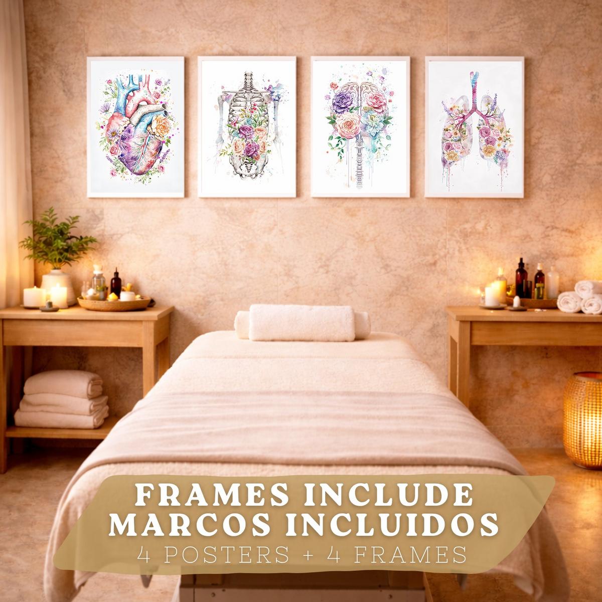 POSTER Set aus 4 Anatomie Mensch Drucke und mit Herz Gehirn Lungen Luftröhre Bronchien Wirbelsäule Florales Aquarell Design Größe Weißer Rahmen A4 - Weiß, Papier (21/29.7/3cm) - Nacnic