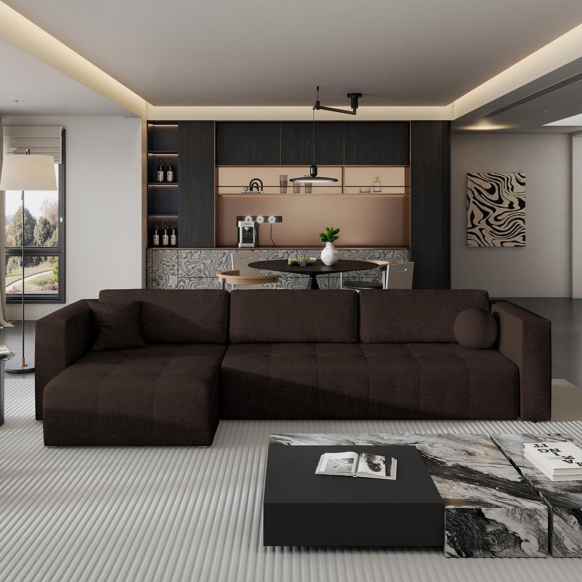 ECKSOFA OLVERA Braun Geflochtener Stoff mit Schlaffunktion - Braun, Holz (347/148cm) - MASSENO