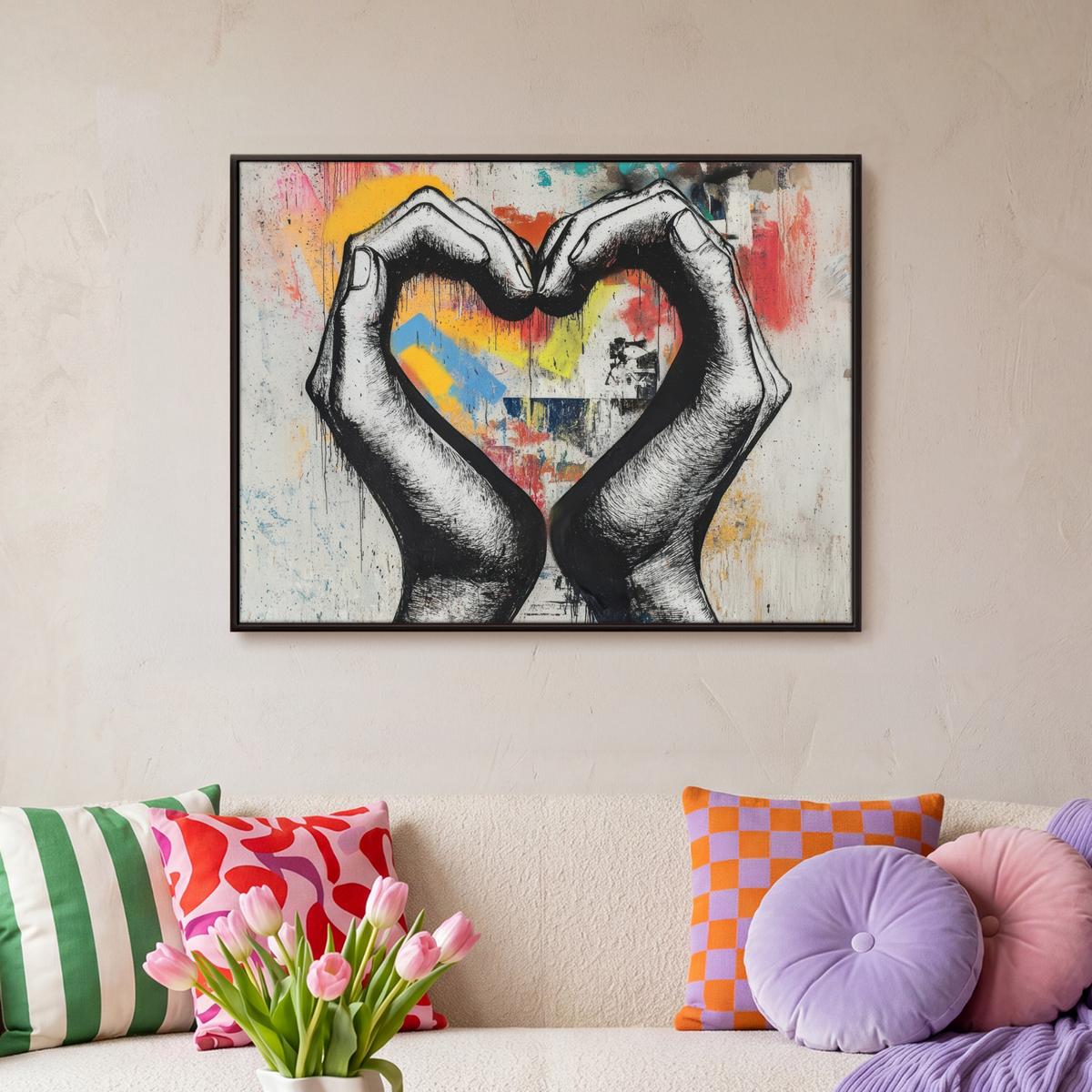 LEINWAND Bilder mit Rahmen - Hände - Herz - Straßenkunst - Graffiti - 70x50 - Multicolor, Textil (70/50cm) - MuchoWow