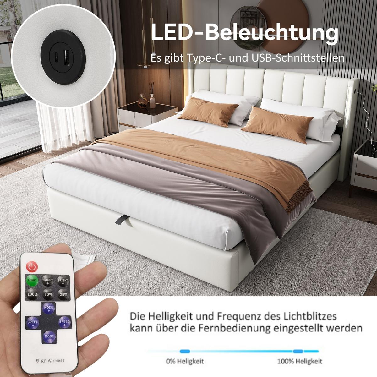 DOPPELBETT Weiß mit Stauraum und LED 207/140/103 cm - Weiß, Holzwerkstoff/Metall - Urban Meuble