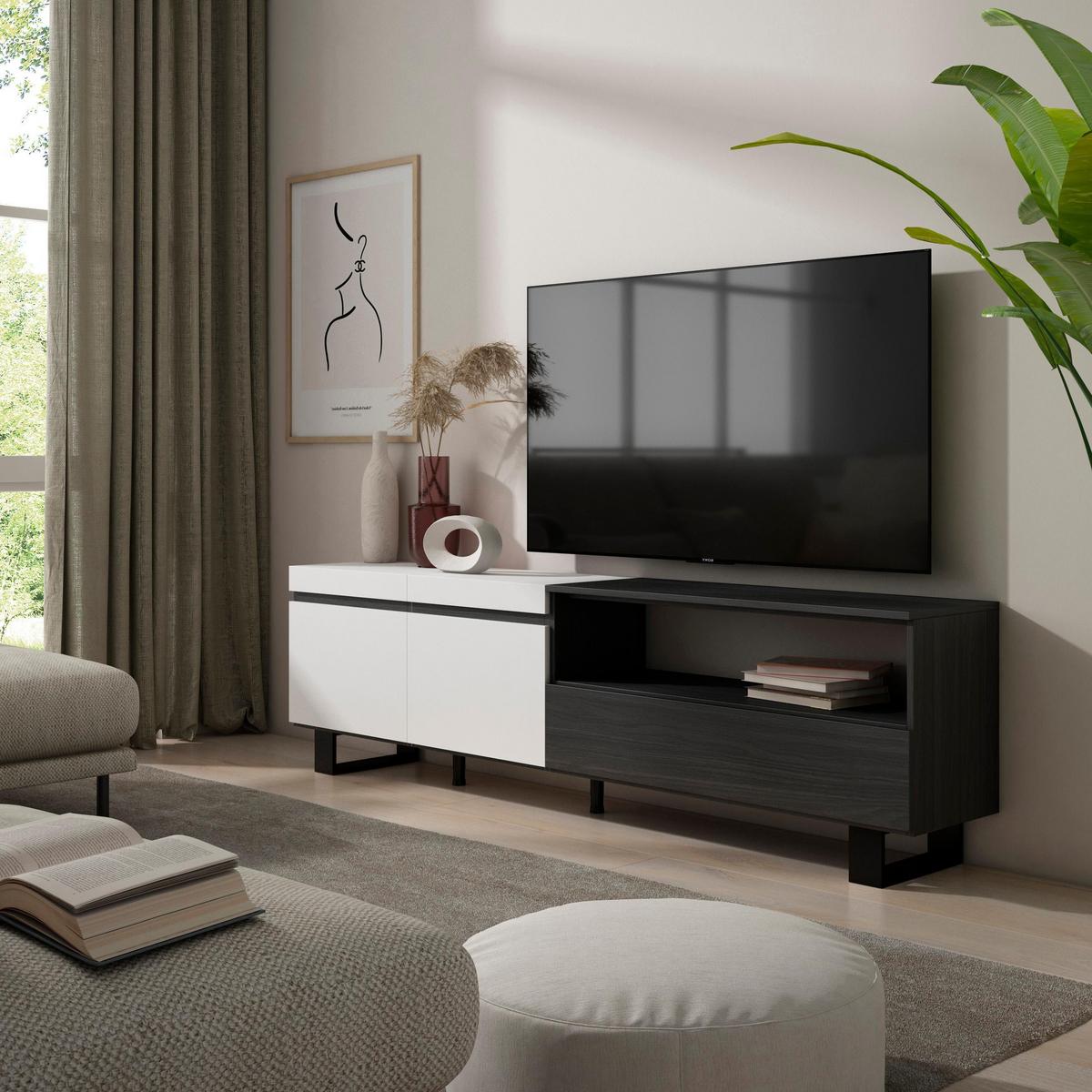 LOWBOARD, Tv-Schrank, Weiß, Schwarz, 200/35/57cm - Weiß, Holzwerkstoff (200/57/35cm) - Skraut Home