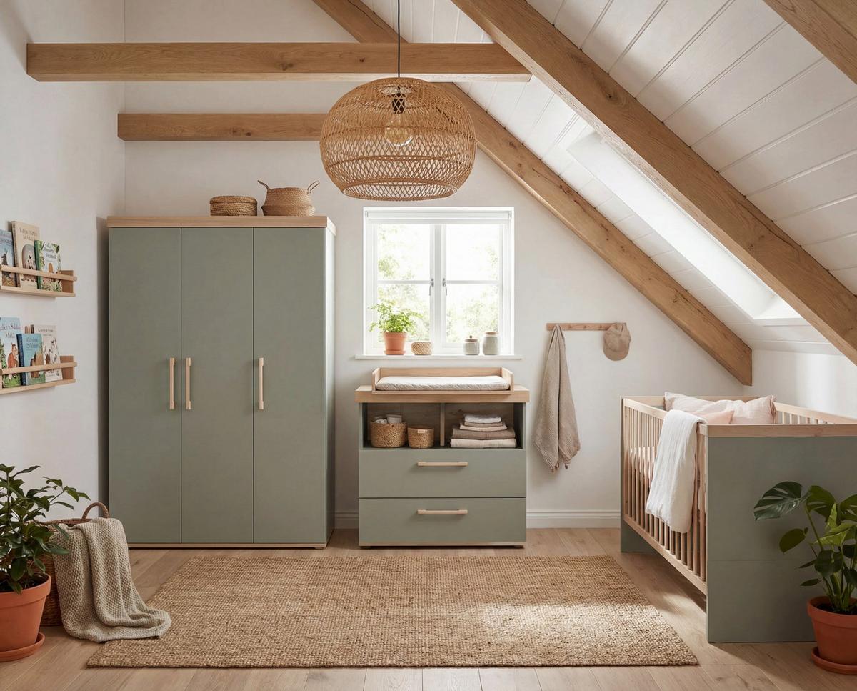 BABYZIMMER-SET Jimmy 3-teilig - Eichefarben/Salbeigrün, Holz/Holzwerkstoff (138/195/53cm) - Roba