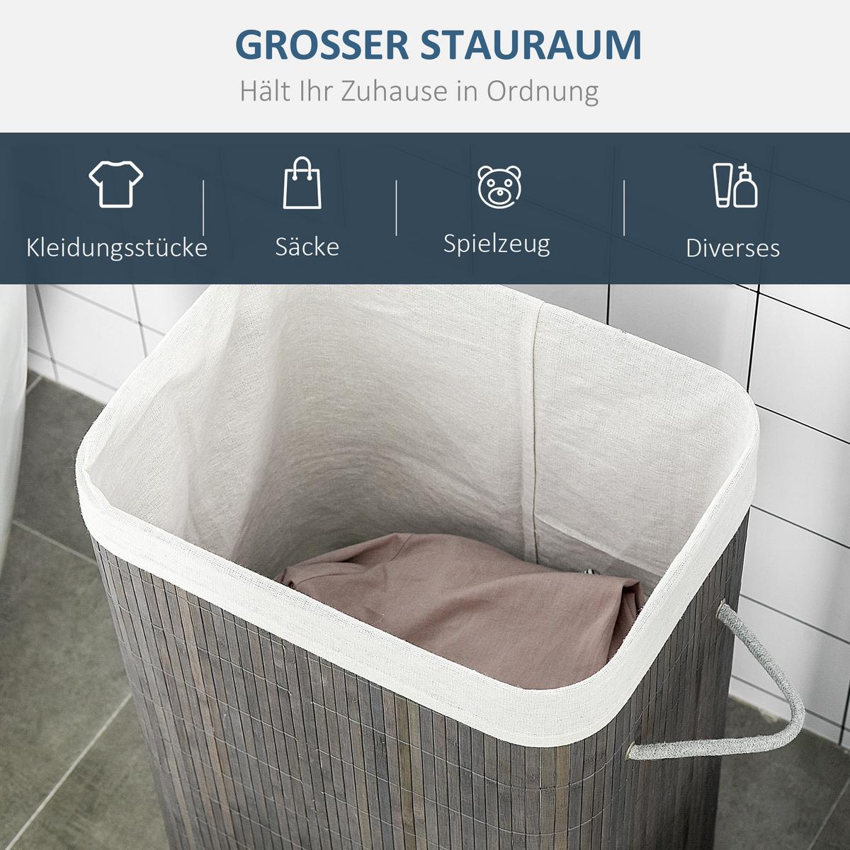 WÄSCHEKORB schmal mit Deckel 83L, Bambus, Grau - Grau, Naturmaterialien (32/61/43cm) - HOMCOM