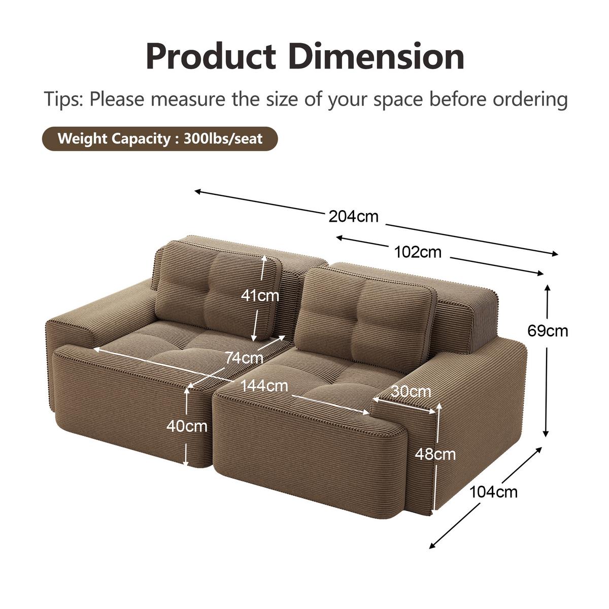 2-SITZER SOFA cord braun modular & extratiefer sitz - Walnussfarben, Textil (204/69/104cm) - Urban Meuble