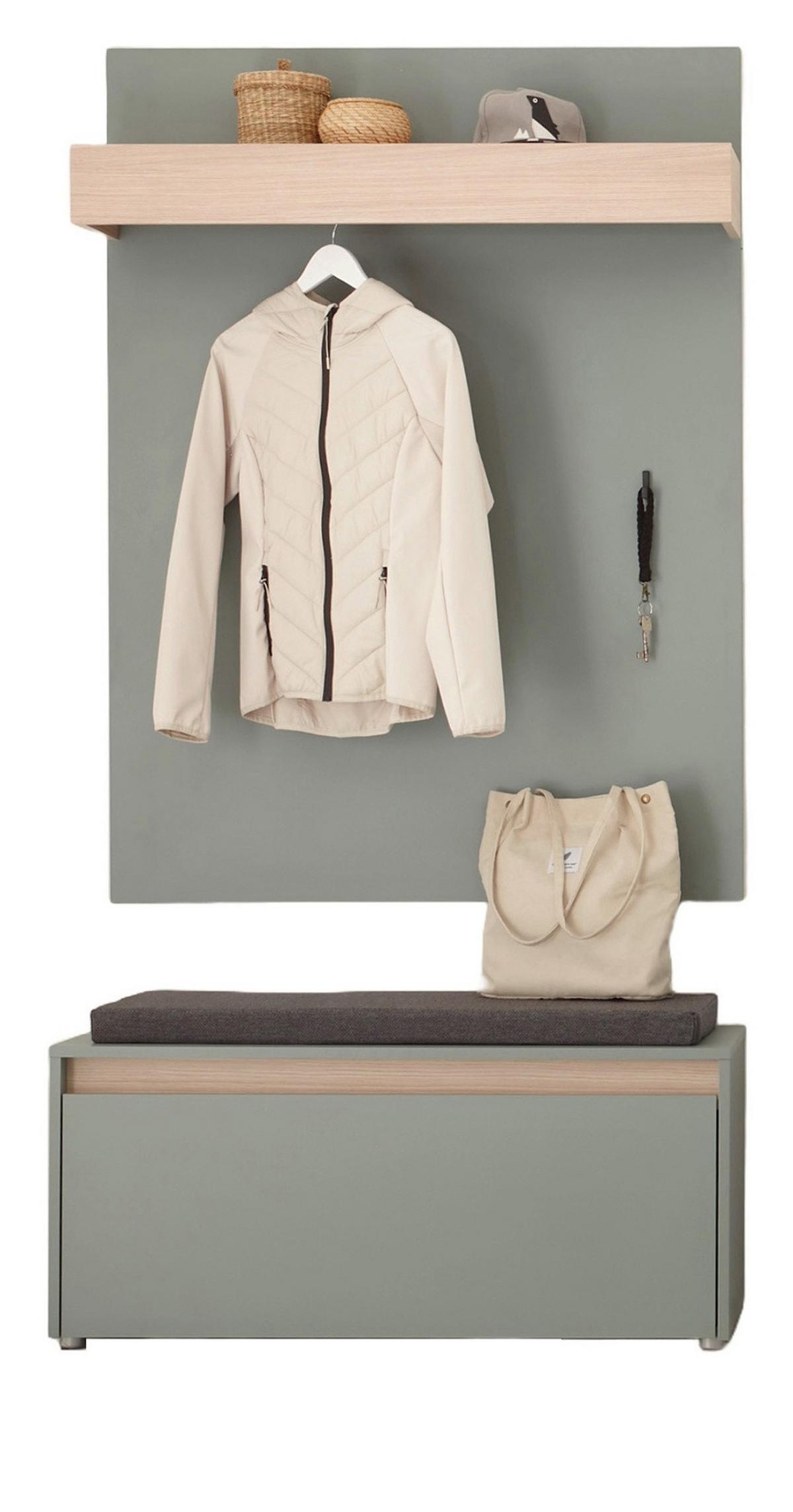 GARDREROBE Set 2-teilig Salbei Grün mit Eiche, Schuhbank und Wandgarderobe 100 x 200 cm, inkl. Sitzkissen - Salbeigrün/Dunkelgrau, Holz/Holzwerkstoff (100/200/40cm) - Furn.Design