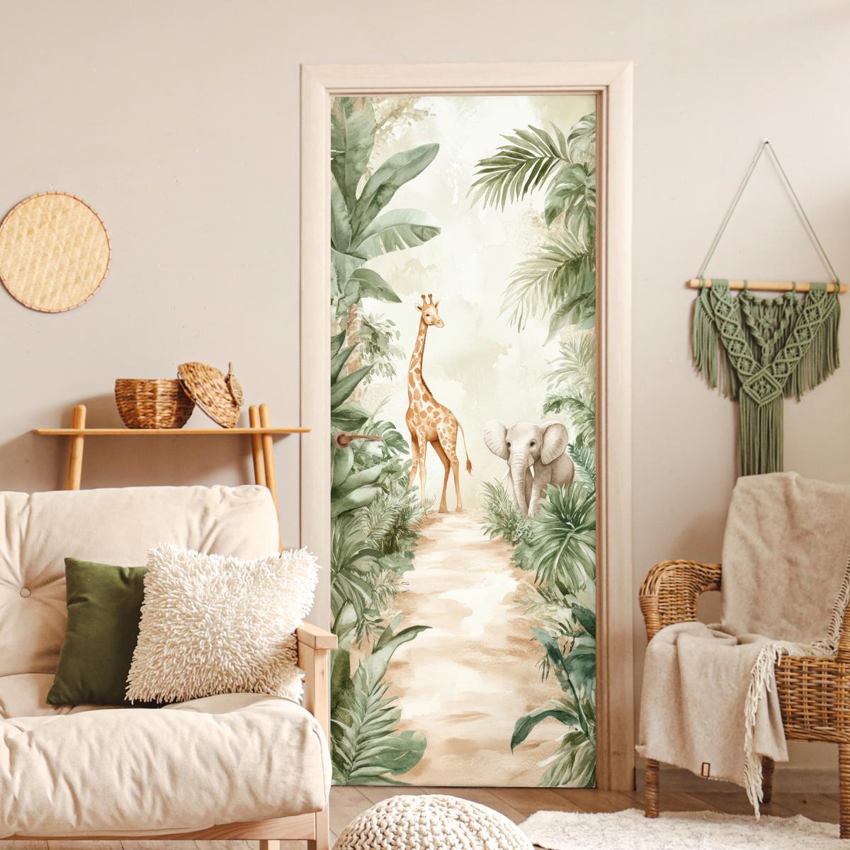 TÜRAUFKLEBER Dschungel - Giraffe - Elefant - Grün - Natur 80x215 cm - Türtapete - Eukalyptusholzfarben, Kunststoff (80/0.1cm) - MuchoWow