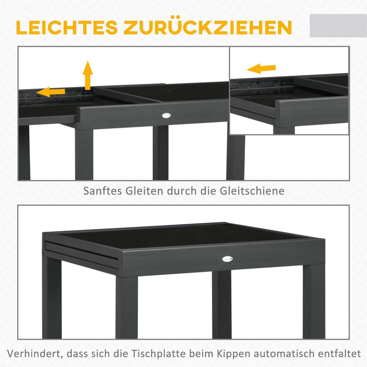 GARTENTISCH, Klappbarer Tischplatte, Balkontisch Terrassentisch, Alu, Glas, Schwarz - Schwarz, Metall (160/80/75cm) - Outsunny