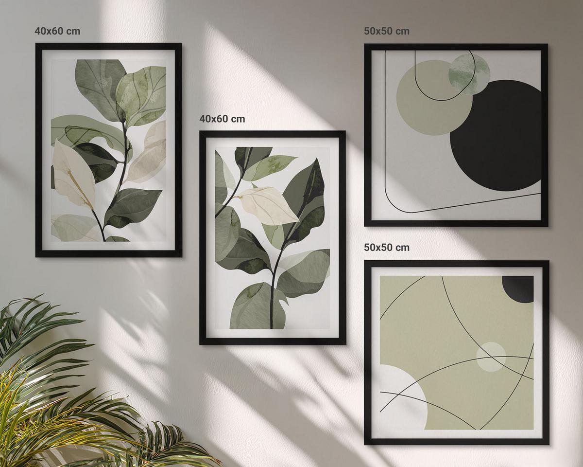 BILDER SET 4er Set - 50x50 cm & 40x60 cm Schwarzer Rahmen - Abstrakte Darstellung gemalter Blätter - Schwarz, Kunststoff (50/50cm) - TULUP