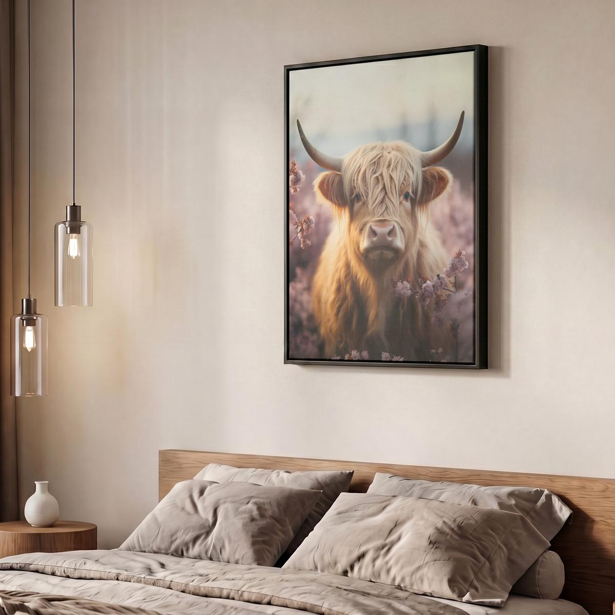 LEINWAND Bilder mit Rahmen - Schottischer Hochländer - Frühling - Hochland - 50x70 - Hellrosa, Textil (50/70cm) - MuchoWow
