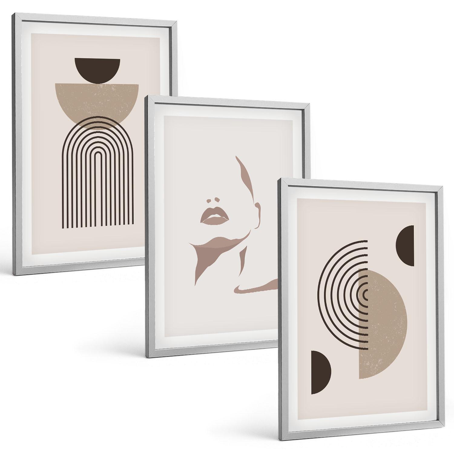 BILDER SET 3er Set - 40x60 cm Silberner Rahmen - Abstrakte Formen und Gesicht - Silberfarben, Kunststoff (40/60cm) - TULUP