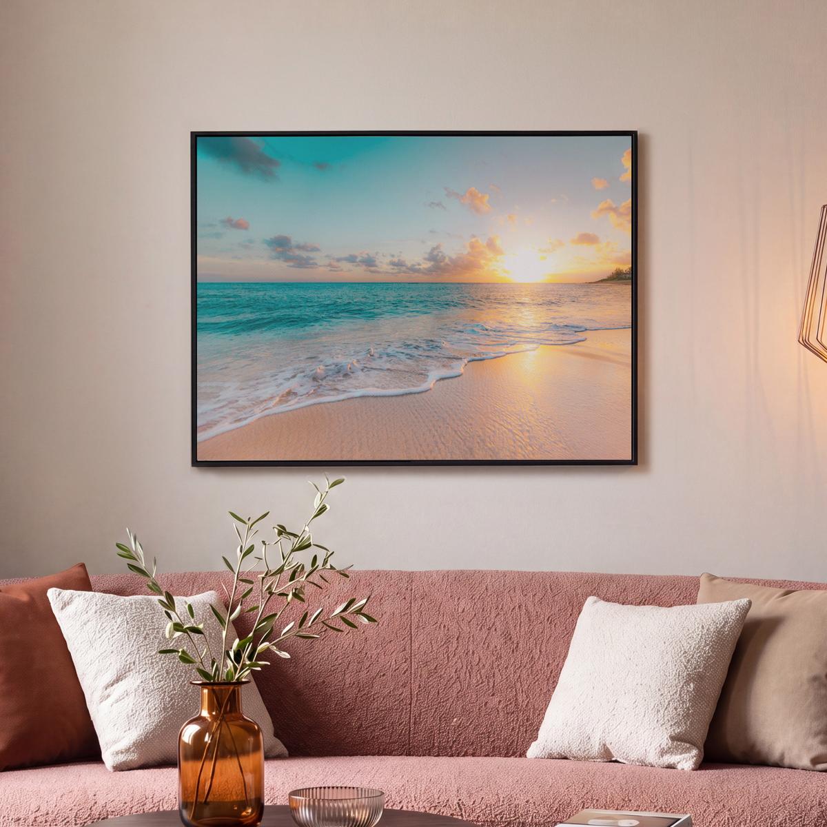 LEINWAND Bilder mit Rahmen - Sonnenuntergang - Strand - Meer - Sommer - Blau - 80x60 - Multicolor, Textil (80/60cm) - MuchoWow