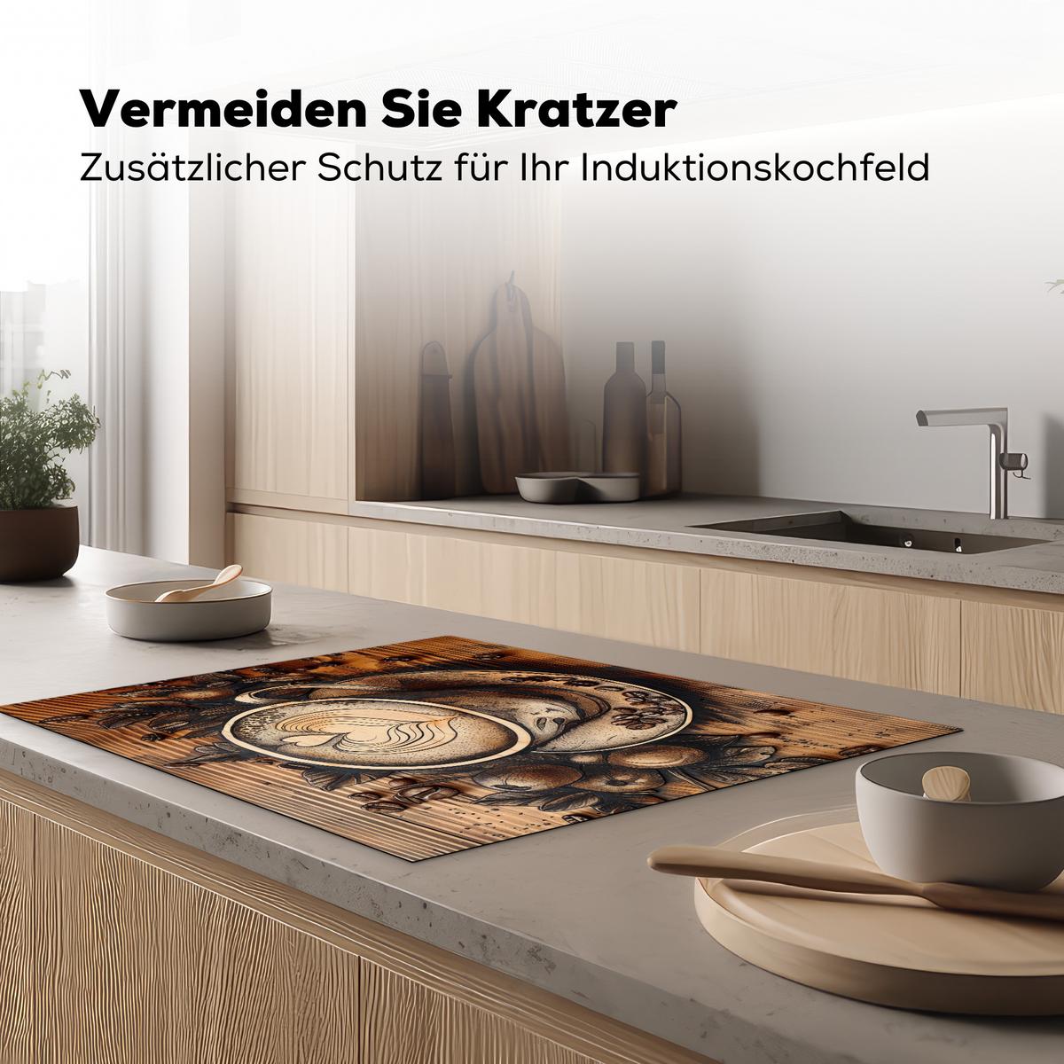 HERDABDECKPLATTE Kaffee - Vintage - Braun - Tasse - Holz Induktionsmatte 77x59 cm - Cappuccino, Kunststoff (77/59/0.2cm) - MuchoWow